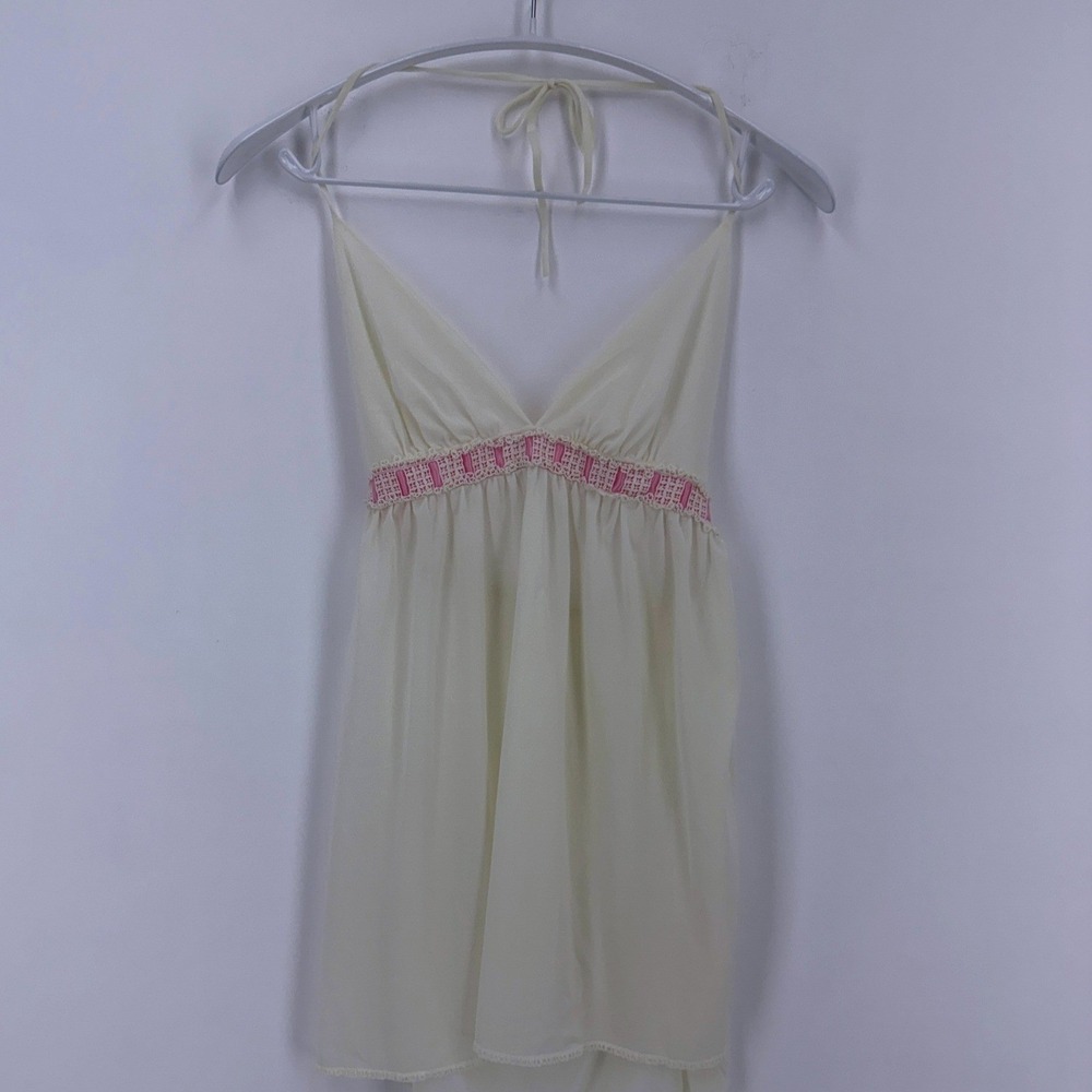 Vintage Van Raalte  Babydoll Nightgown Cream Halter Lace Trim USA Made 60/‎ 70